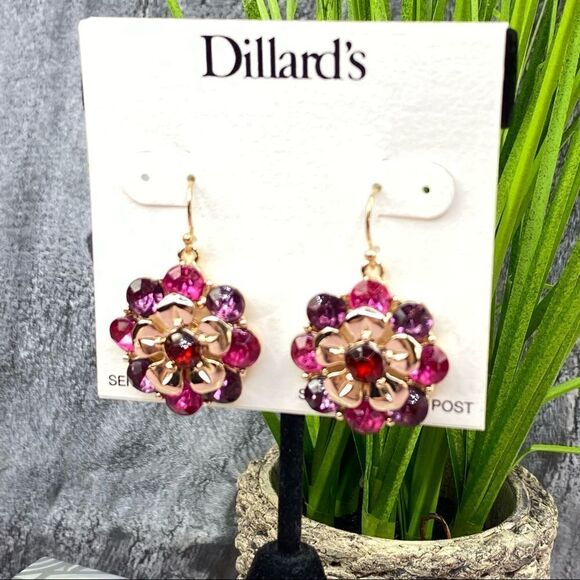 Dillard’s Flower Rhinestone Drop Dangle Earrings Pink Gold - Picture 7 of 9